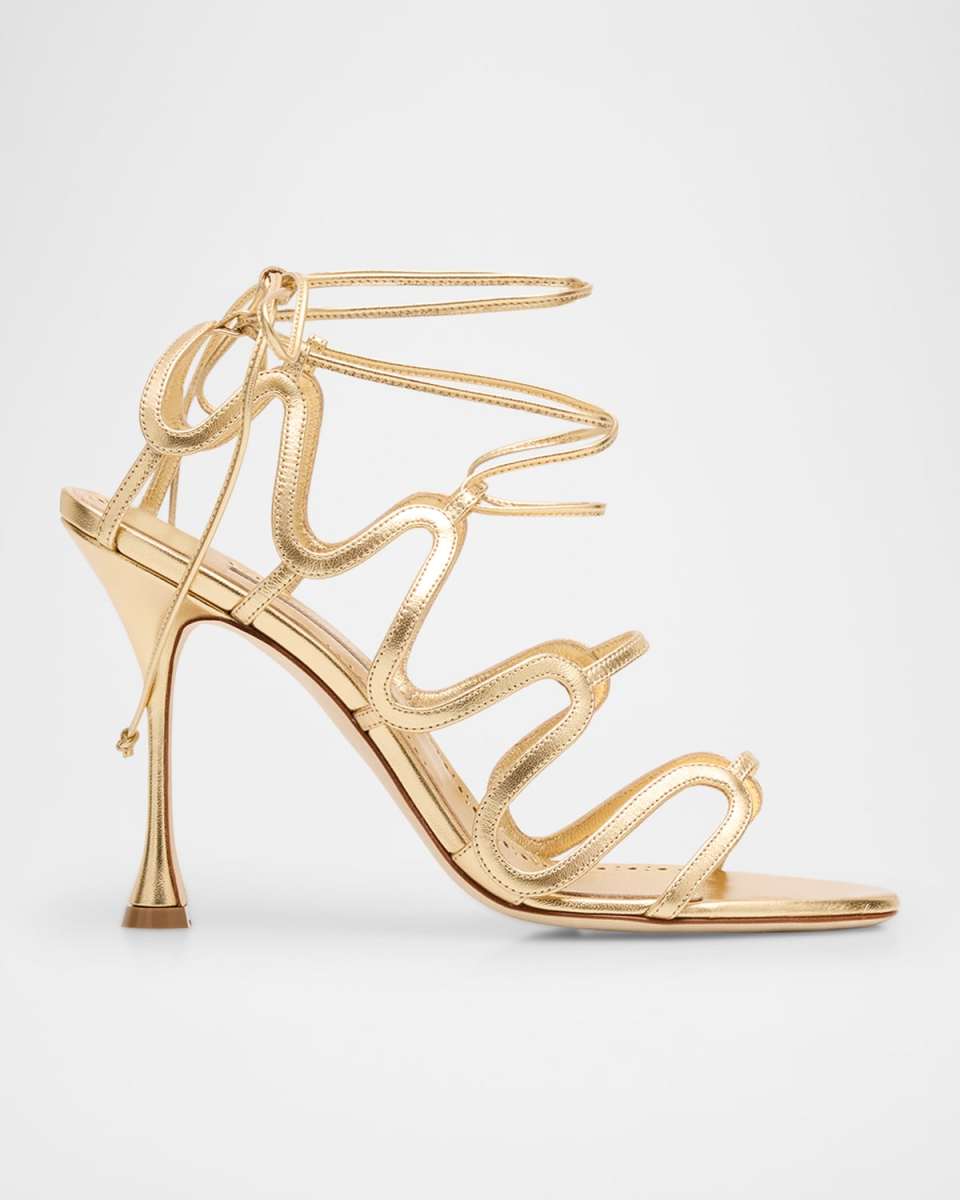 Caged Metallic Ankle-Tie Sandals